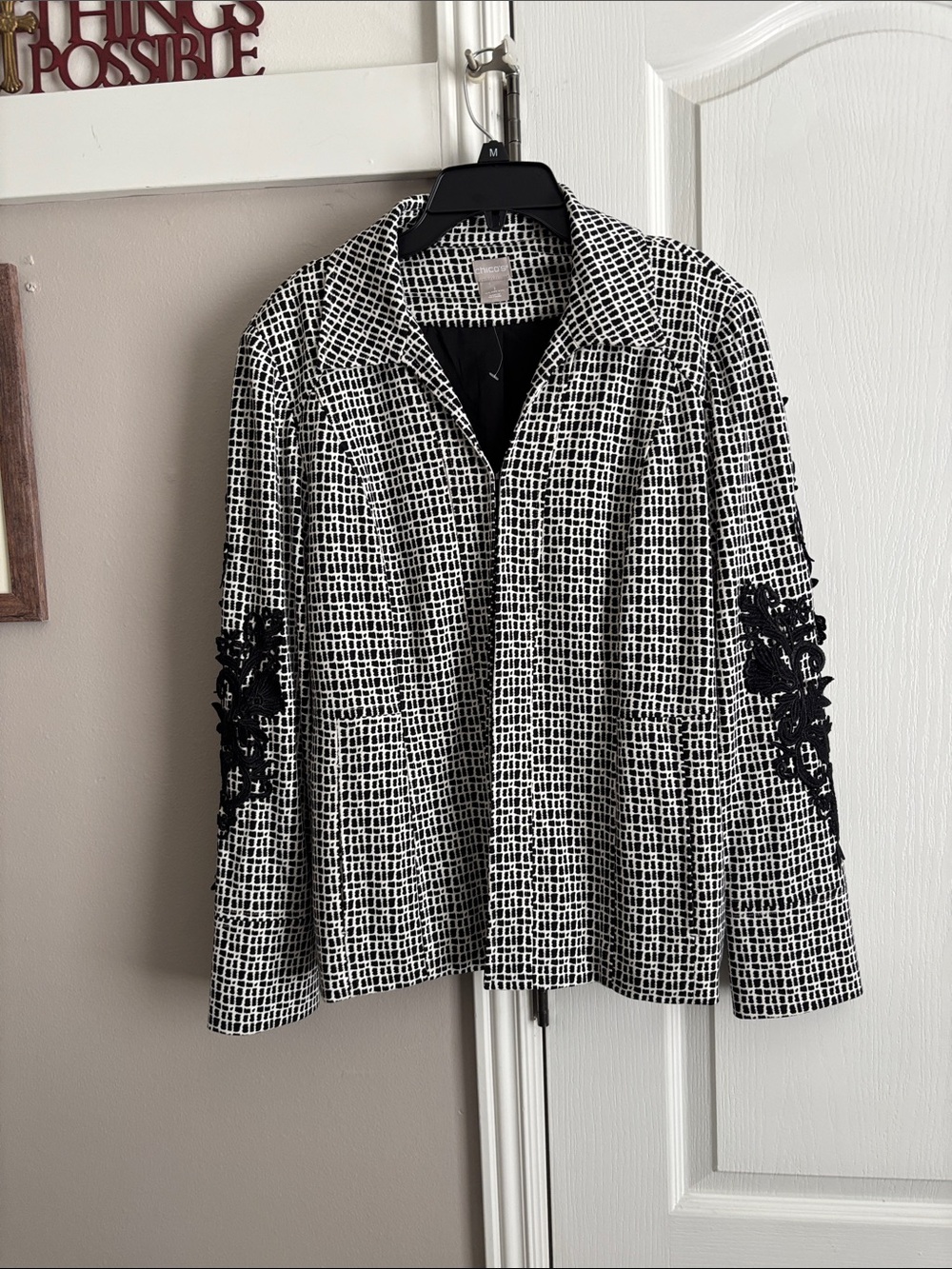 Chico's Black & White Grid Blazer with Black Embroidered Sleeves